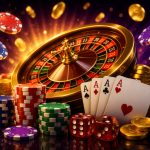 A collection of casino gaming elements including poker chips, playing cards, and a roulette wheel