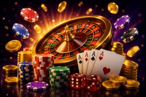 A collection of casino gaming elements including poker chips, playing cards, and a roulette wheel