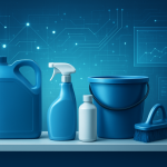 Various blue cleaning products arranged on a shelf with a tech-inspired background.