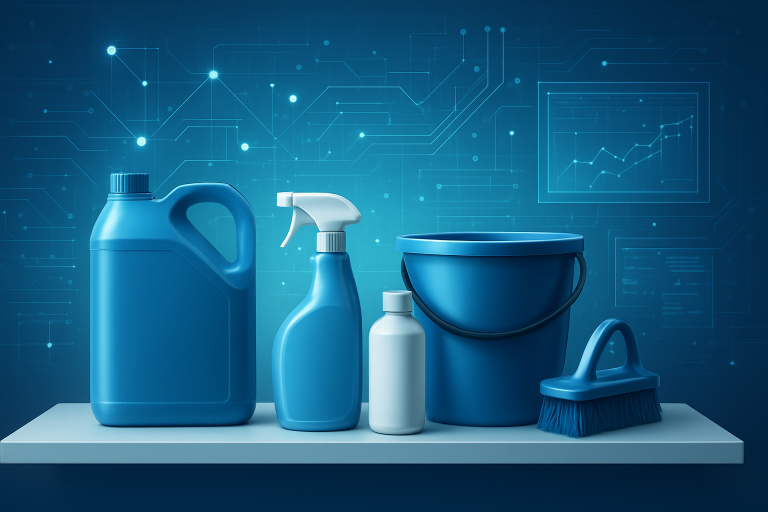 Various blue cleaning products arranged on a shelf with a tech-inspired background.